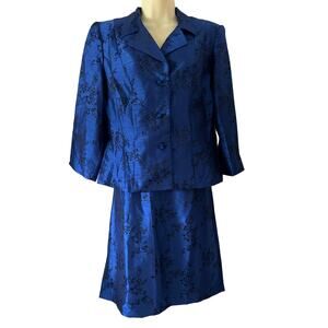 Scarlett Blue and Black Floral Print Jacket Top & Skirt Vintage 2 Piece Size 10